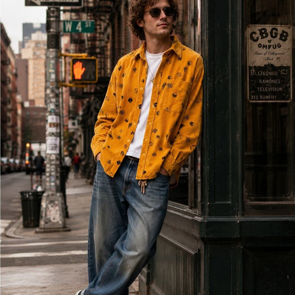 Forever 21 long sleeve corduroy button down shirt jacket mustard yellow Men's M